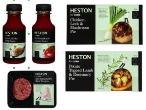 The new Heston for Coles range includes slow cooked dishes like ribs and Asian pork, as well as beef burgers, sausages, pies and sauces.